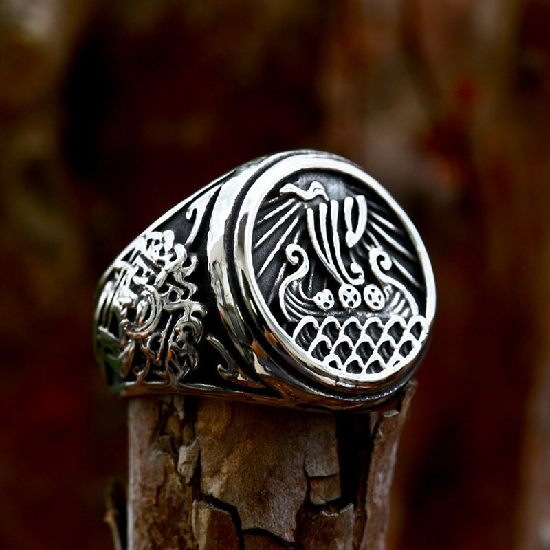 Titanium Steel Viking Ship Adventure Ring for Men