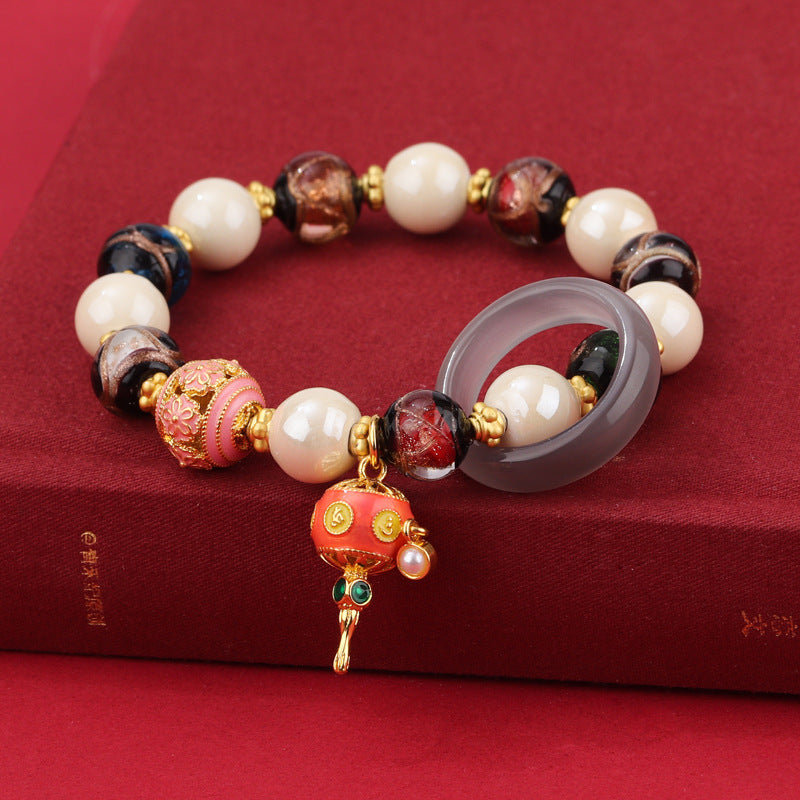 Ceramic Bracelet with Glazed Gray Porcelain and Five-color Beads