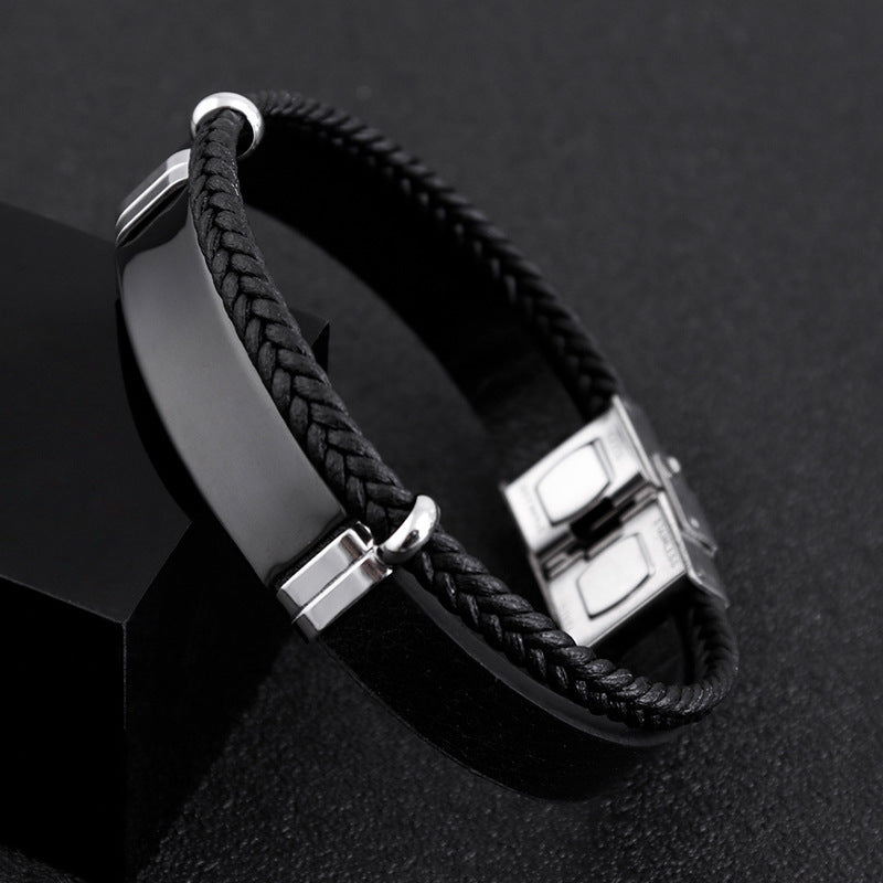 Punk Twist Double-Layer Leather Bracelet with Titanium Steel - Men's Urban Style