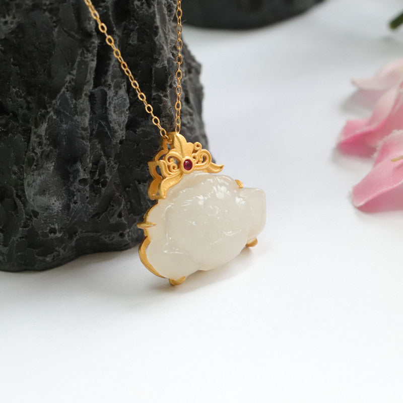 White Jade Lotus Pendant Necklace crafted in Sterling Silver with Natural Hetian Jade