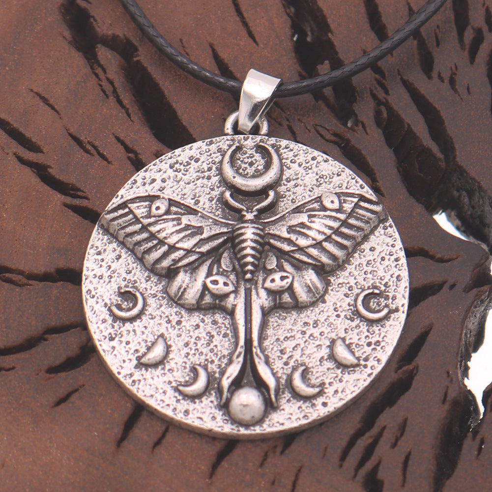 Butterfly Skull Pendant Necklace with Moth Moon Totem - Men's Retro Zinc Alloy Jewelry