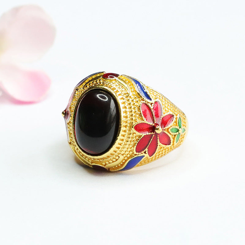 Blood Amber Flower Sterling Silver Ring