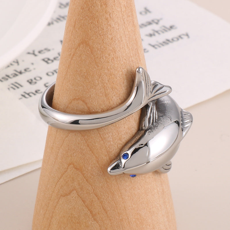 Trendy Men's Blue Eyed Dolphin Ring - Creative Stainless Steel Small Animal Ring for Friends