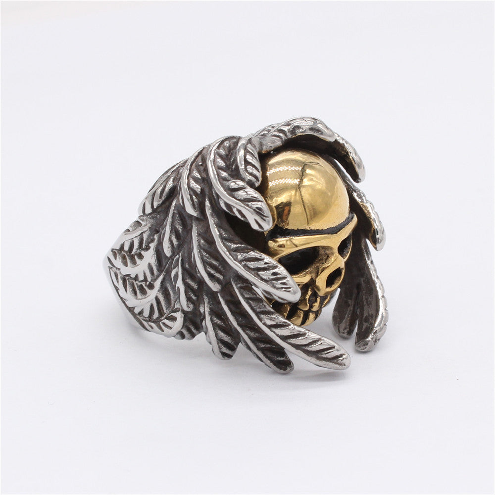 Halloween Fallen Angel Skull Head Titanium Steel Ring for Men