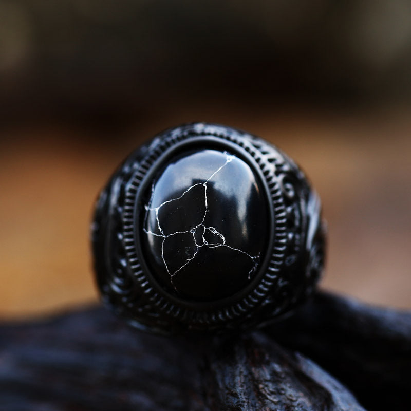 Retro Gem-Inlaid Titanium Steel Men's Engraved Ring - Wholesale Collection