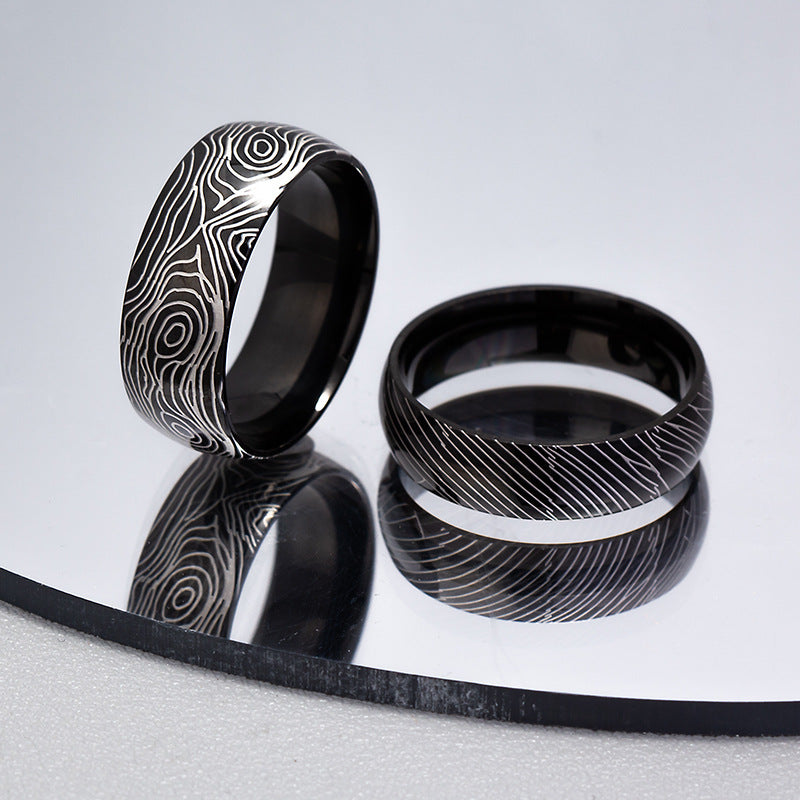 Titanium Steel Ring with Damascus Steel Design - Men's Spherical Ring