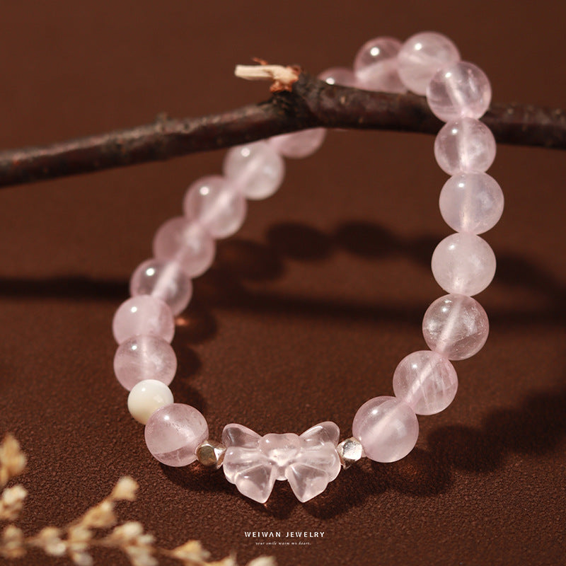 Peach Blossom Crystal Bracelet with Sterling Silver Hibiscus Stone Bow