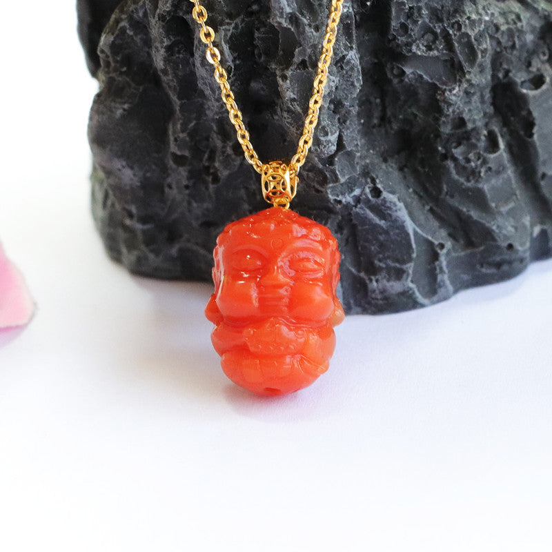 Red Agate Baby Buddha Necklace with Sterling Silver Needle