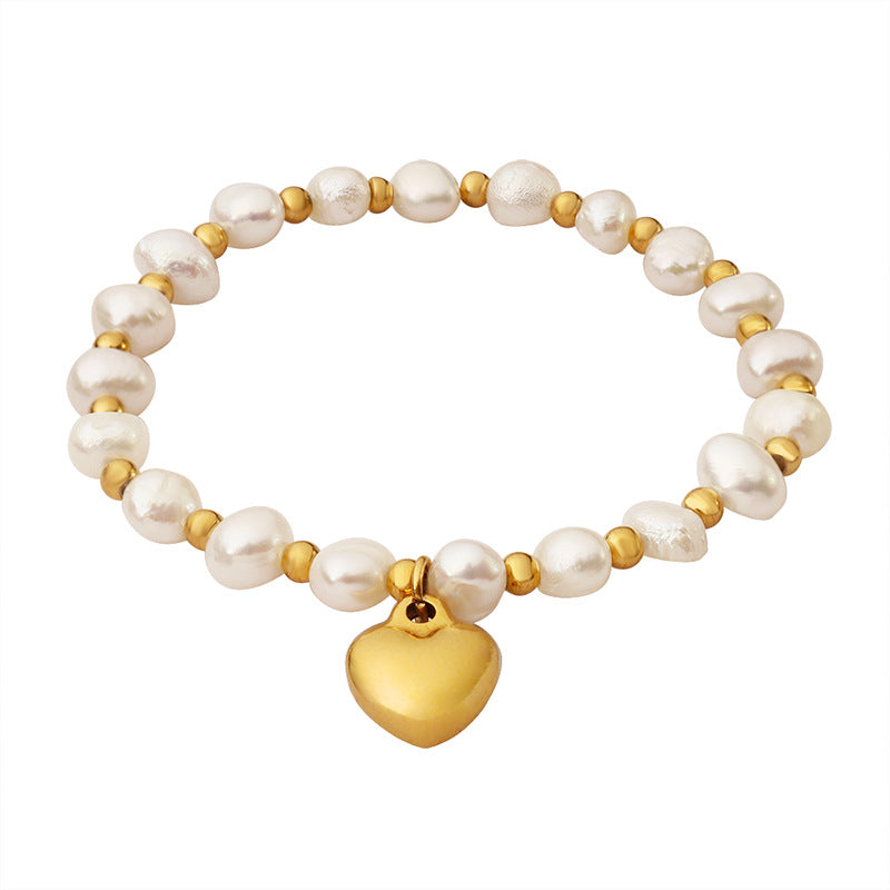 Peach Heart Pendant Bracelet with Freshwater Pearls and Steel Ball Detail