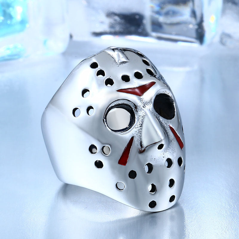 Bold Titanium Steel Ring with Jason Mask Design - Men's Epoxy Jewelry for Film and TV Enthusiasts