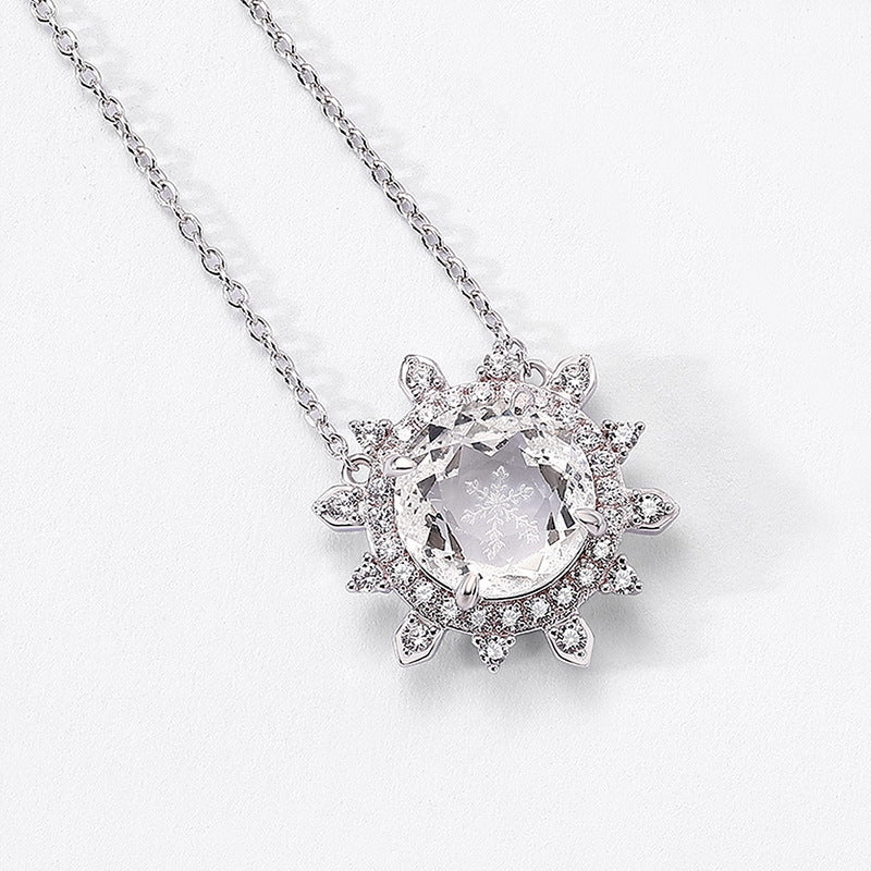 Christmas Winter Snowflake White Crystal Pendant Sterling Silver Necklace