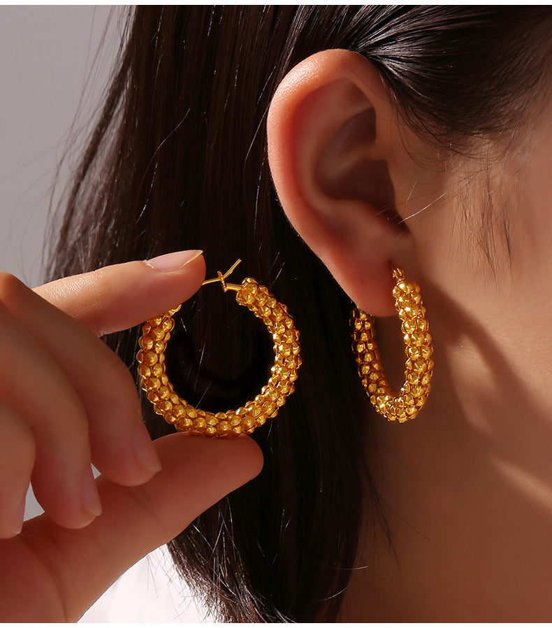 Golden U-Shaped Earrings with Hollow Chain Texture