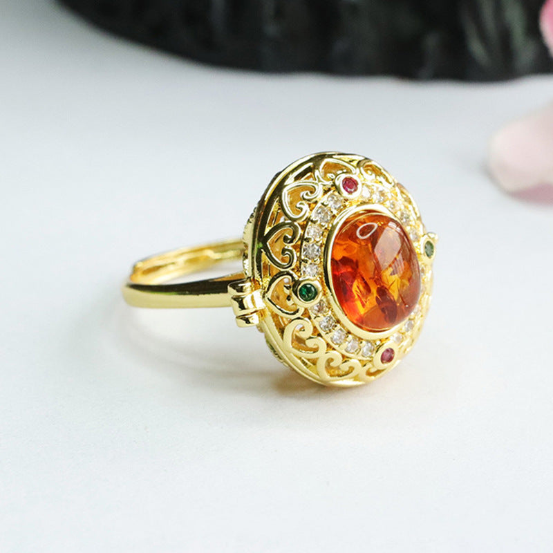 Amber Flower Bud Sterling Silver Adjustable Ring