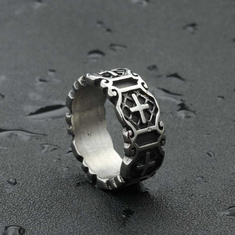 Retro Punk Titanium Steel Cross Ring for Men - Edgy Stainless Steel Accessory