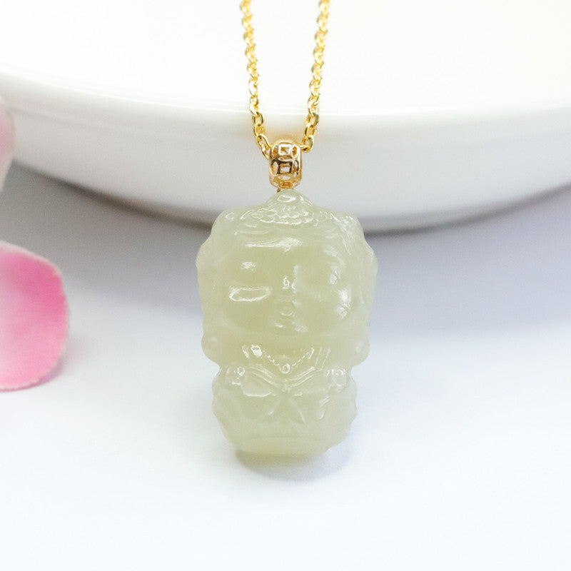 Green Tara Buddha Necklace with Hetian Jade Pendant