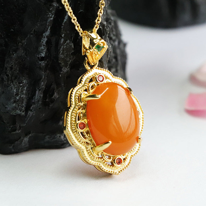 Vintage Zircon Engraved Amber Pendant with Sterling Silver Chain