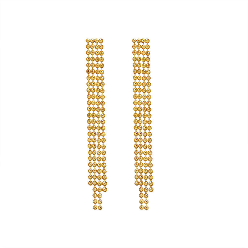 Exaggerated Steel Ball Tassel Earrings with Gold Titanium Plating for a Retro Cold Wind Look