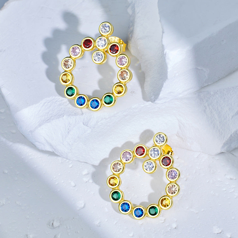 Coloured Zircon Circle Sterling Silver Stud Earrings