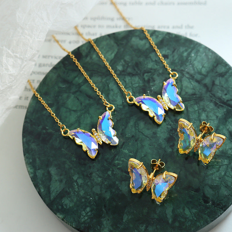 Seven Colored Glass Sparkling Butterfly Necklace and Earrings Set, Timeless Elegance with Enduring Charm