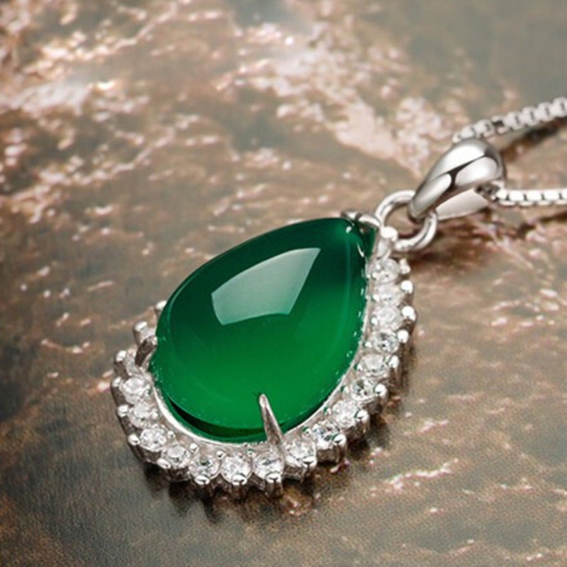 Green Chalcedony Water Droplet Halo Pendant Jewelry