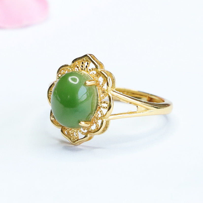 Fortune's Favor S925 Silver Hotan Jade Jasper Hollow Flower Split Shank Ring