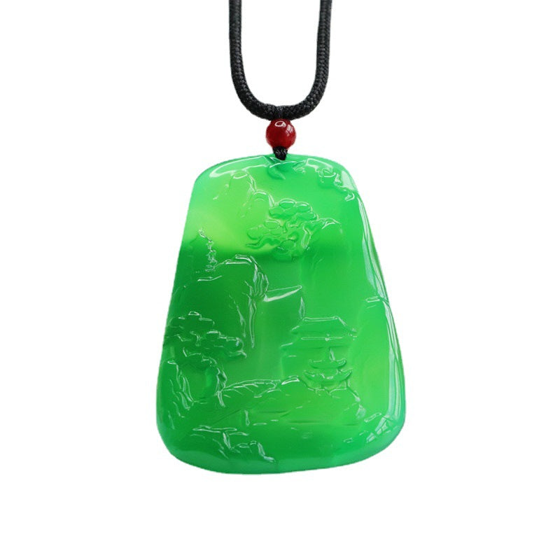 Natural Green Chalcedony Carving Landscape Pendant Jewelry