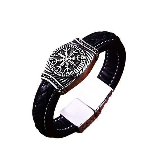 Viking-Inspired Stainless Steel and Leather Wide Bracelet for Men – Retro Engraved Jewelry