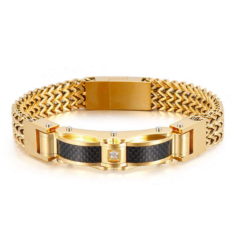 Men's Zircon-Studded Gold Stainless Steel Bracelet - European and American Hipster Style