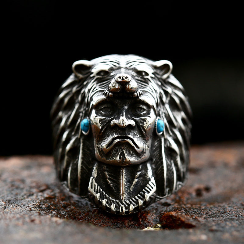 Retro Titanium Steel Chief Ring with Turquoise for Men - Hot Sale Stainless Steel Casting Jewelry