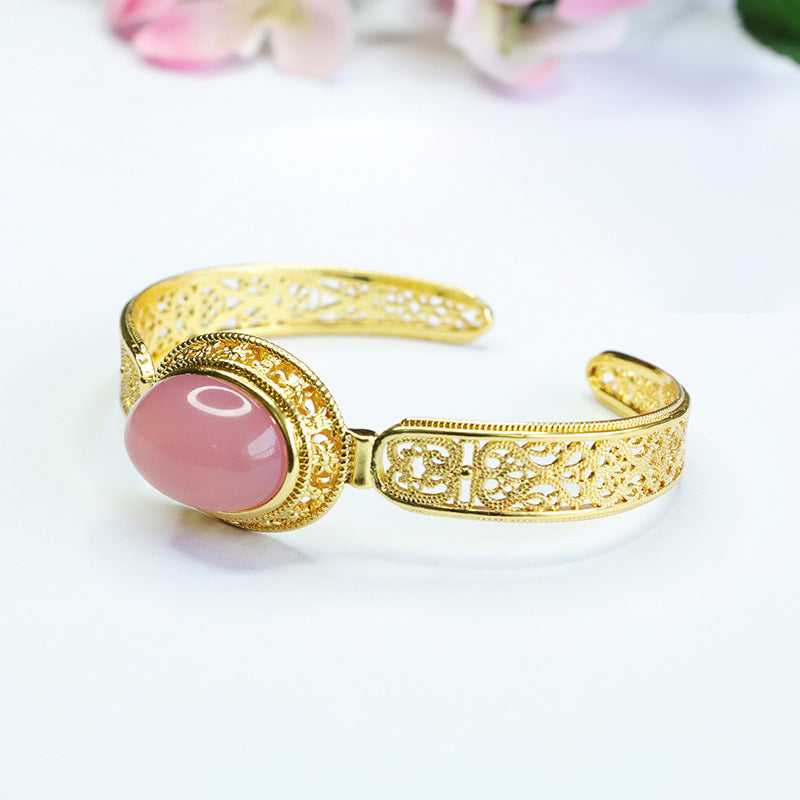 Pink Chalcedony Sterling Silver Bracelet with Golden Opening