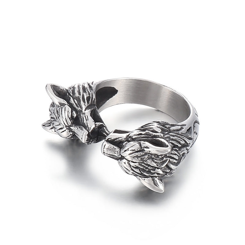 Hipster Retro Men's Double Wolf Head Ring - Titanium Steel Snake Design