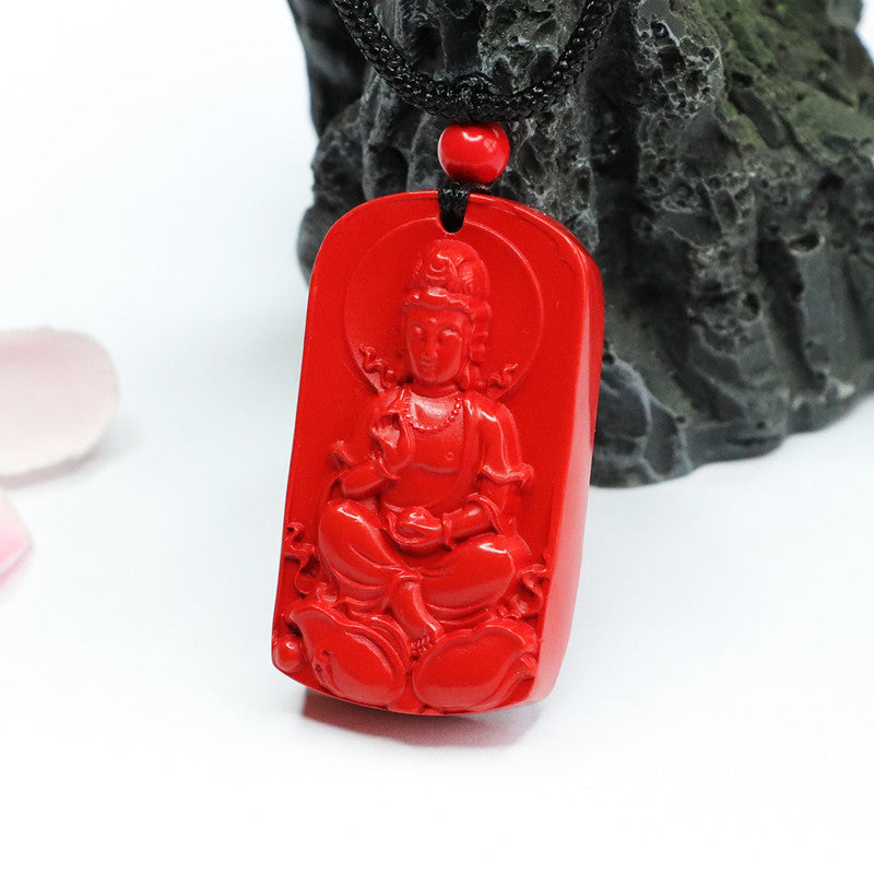 Lotus Guanyin Cinnabar Pendant with Red Sand Design