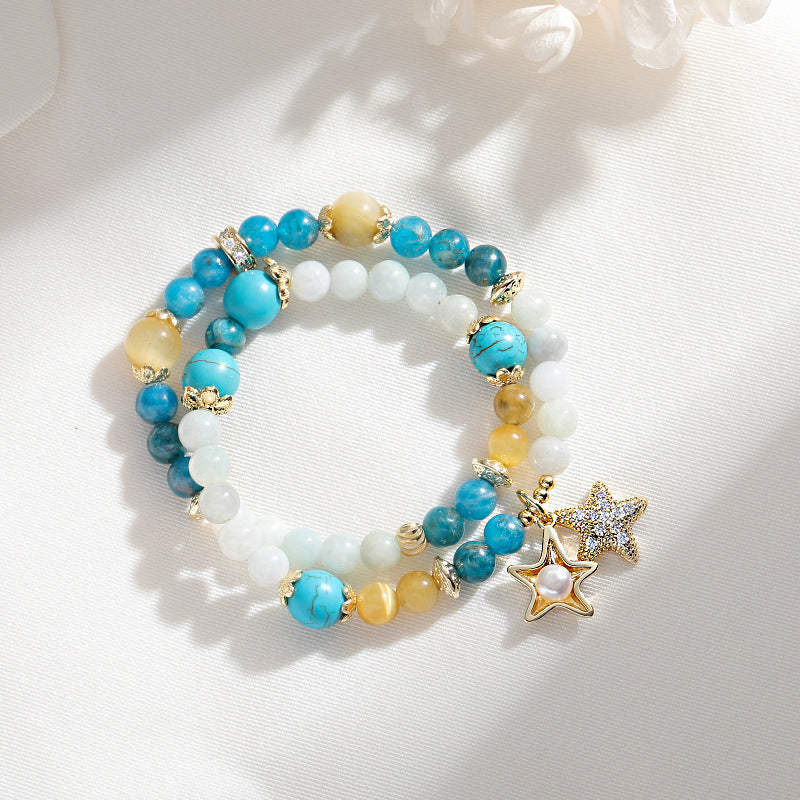 Double Layer Crystal, Turquoise, and Apatite Sterling Silver Bracelet