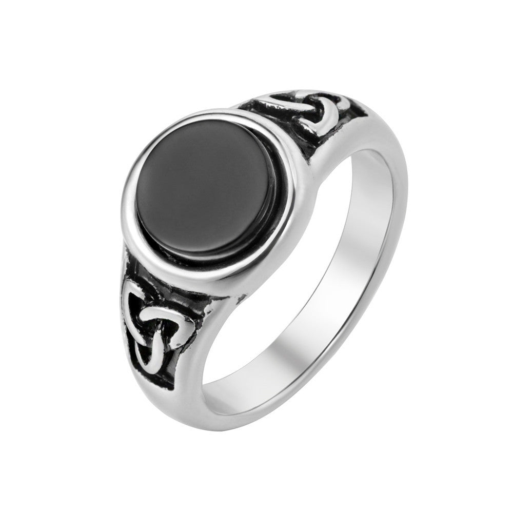 Vintage Viking Round Black Stone Titanium Steel Ring for Men