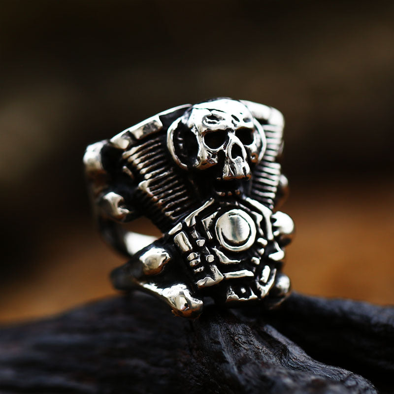 Retro Engine Wrench Skull Ring for Men - European and American Locomotive Style Stainless Steel in Titanium Steel