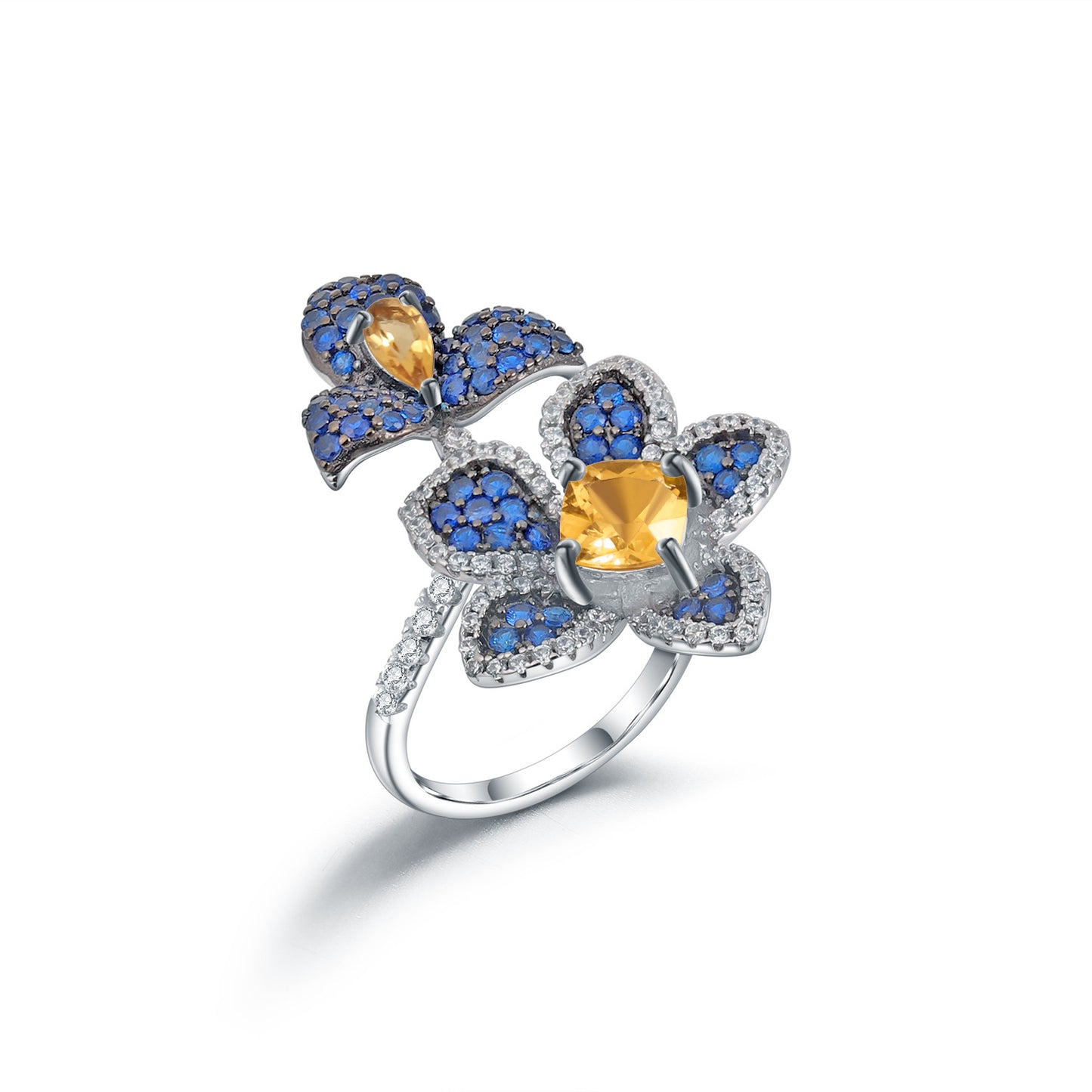 Flower Natural Gemstones Opening Silver Ring