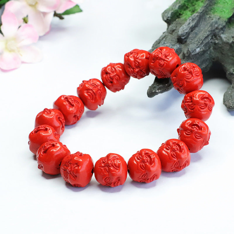 Vermilion Buddha Head Bracelet with Four-Sided Buddha Red Sand and Cinnabar Stone