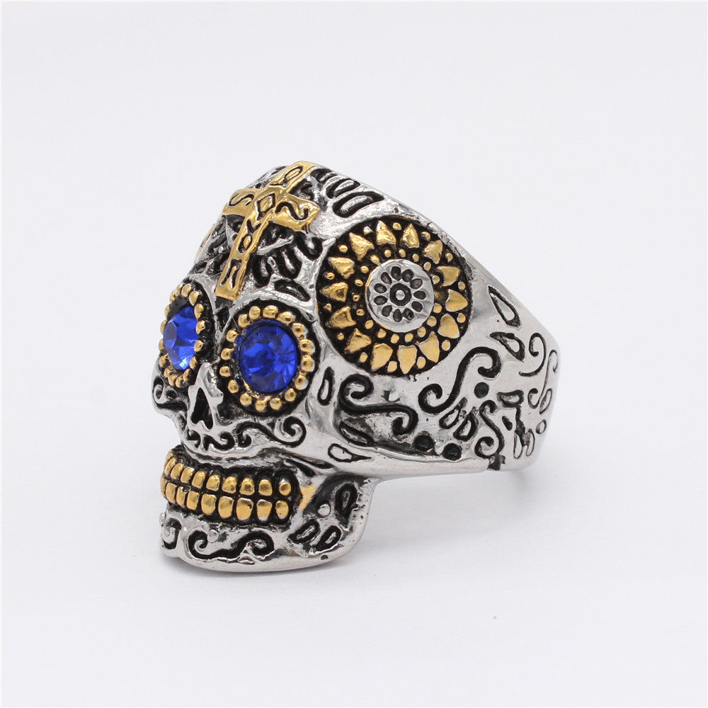 Halloween Mexican Ghost Skull Zircon Titanium Steel Ring for Men