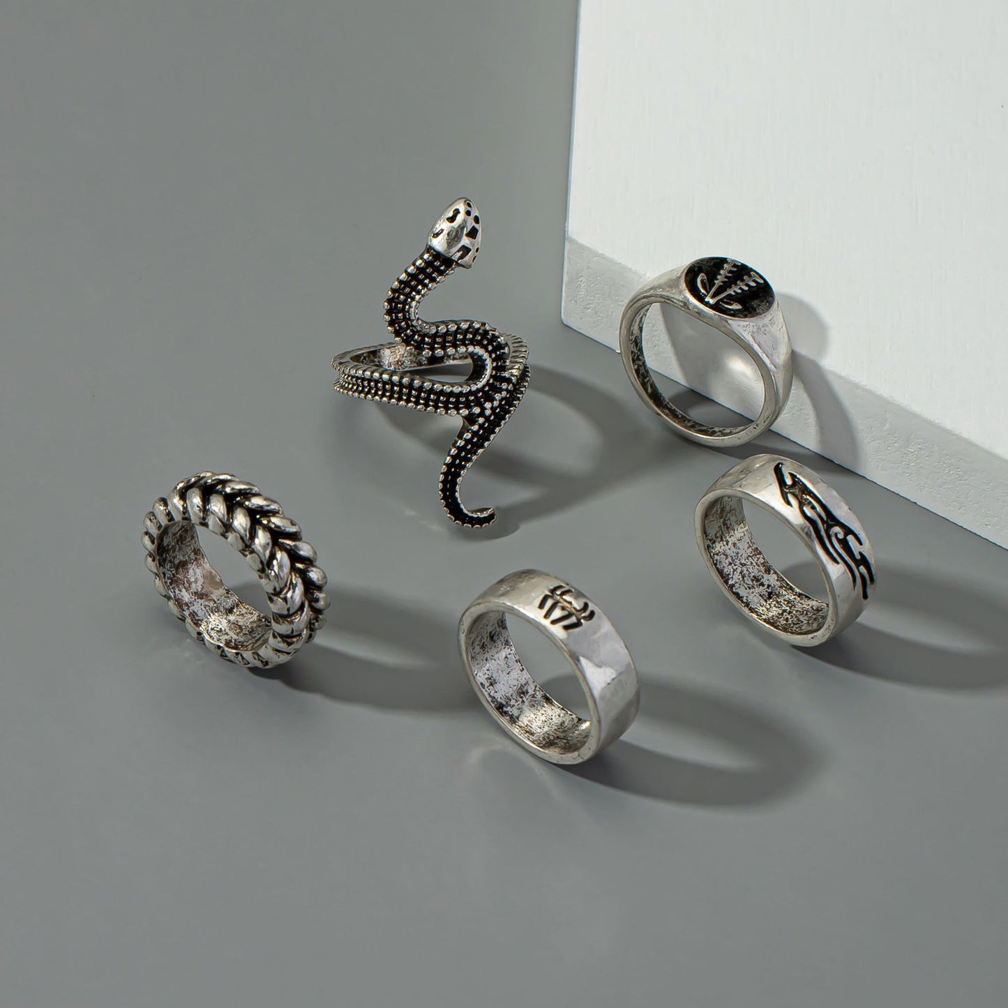 Japanese and Korean Retro Fusion Snake Head Geometric Rings Set of 5 - Wholesale Jewelry