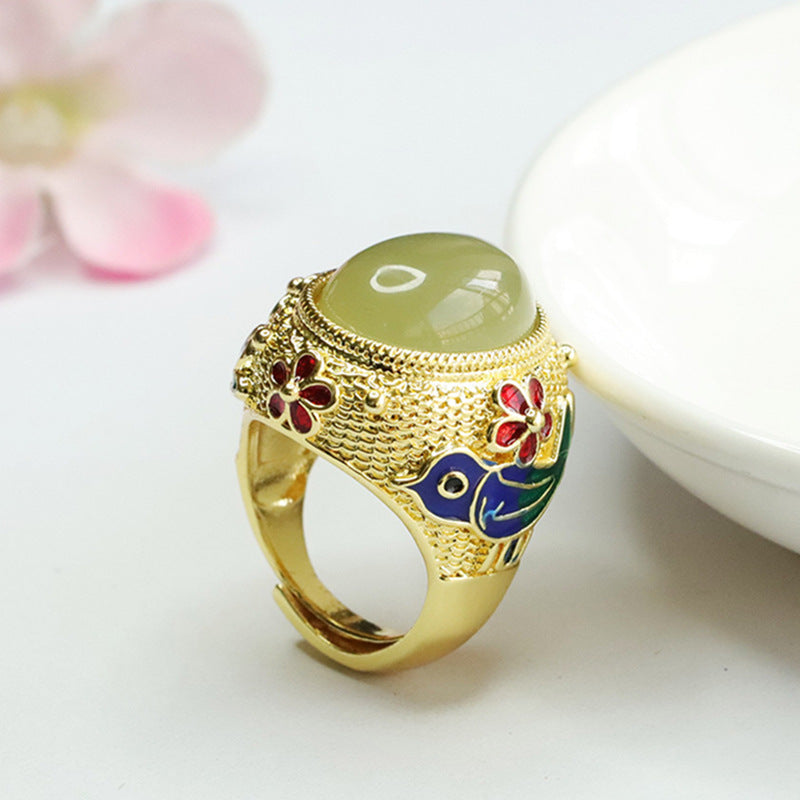 Colourful Flower Bird Pattern Ring with Authentic Hetian Jade and Sterling Silver