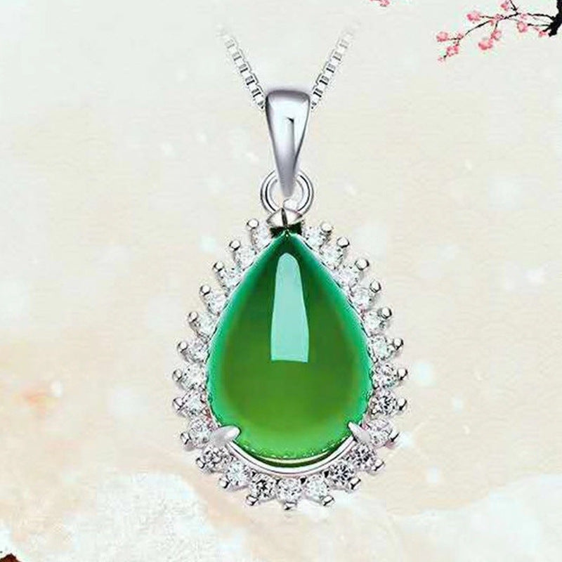 Green Chalcedony Water Droplet Halo Pendant Jewelry