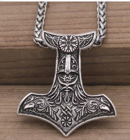 Norse Legacy Double-sided Viking Odin Crow and Thor Hammer Pendant Necklace for Men