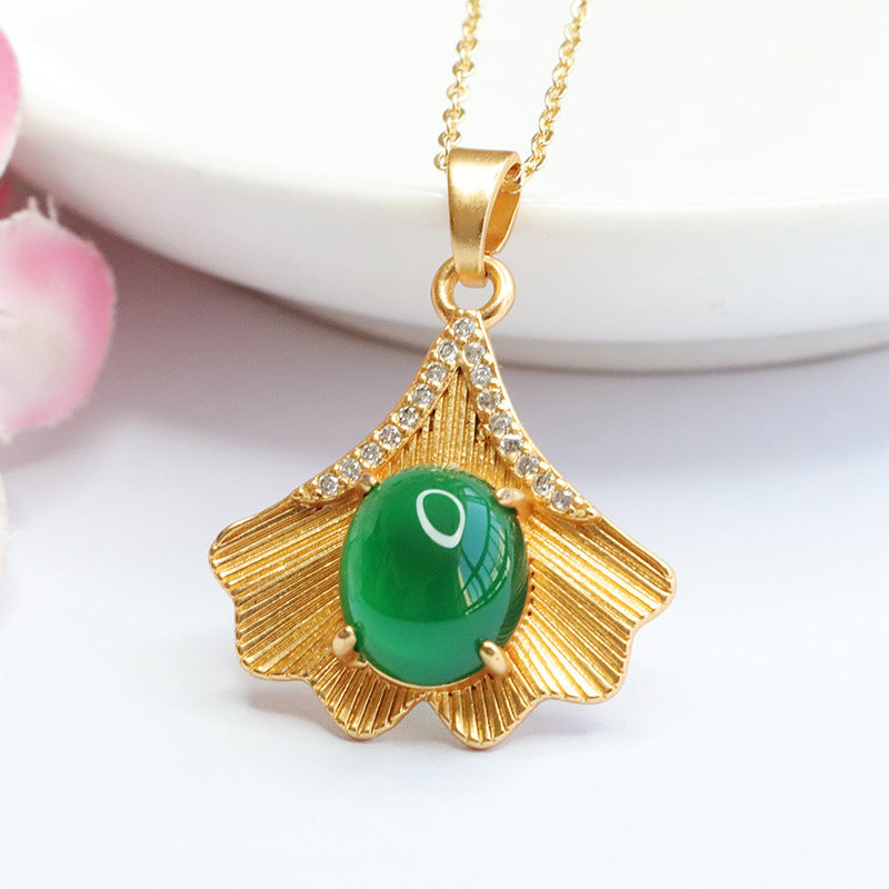 Ginkgo Leaf Pendant Necklace with Imperial Green Chalcedony