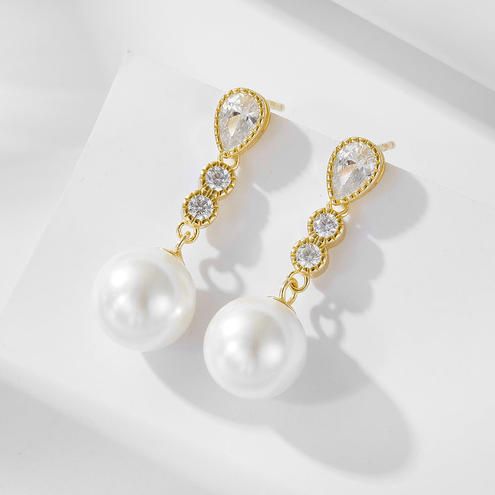 Long Style Zircon Round Pearl Sterling Silver Drop Earrings