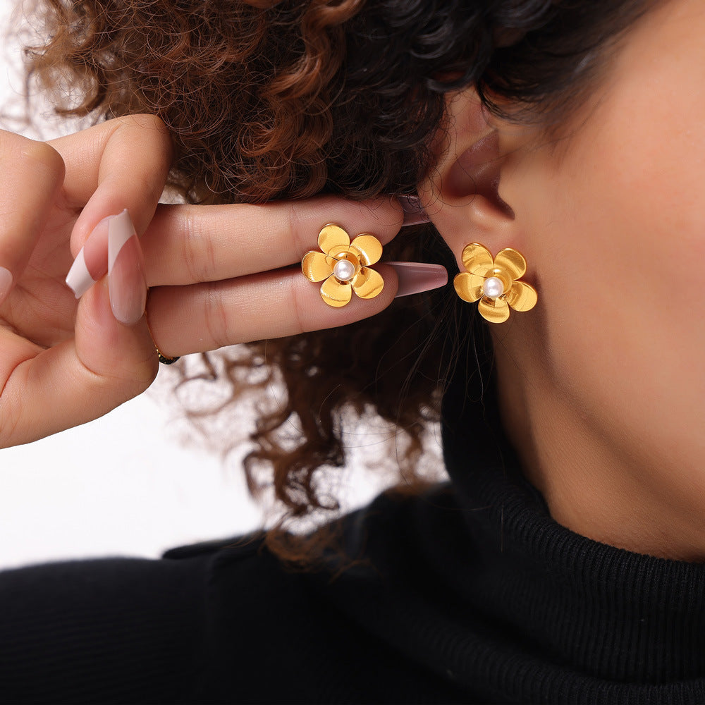 Elegant Titanium Earrings with Shell Bead Inlays