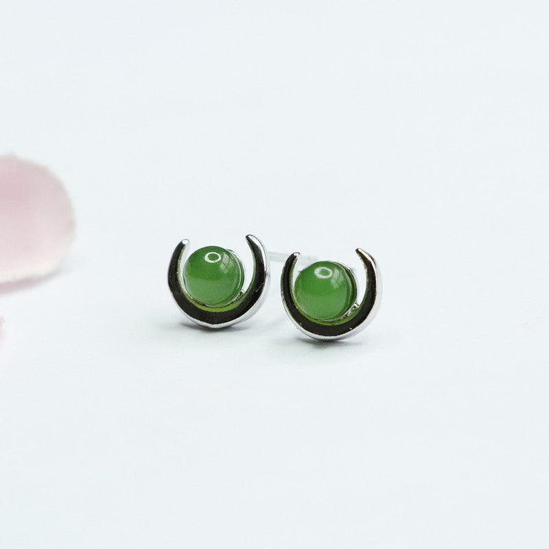 Curved Moon Earrings with Hotan Jade and Sterling Silver Needle