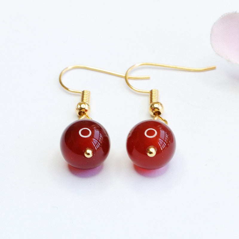 Ear Hooks with Red Agate Beads, Sterling Silver Earrings