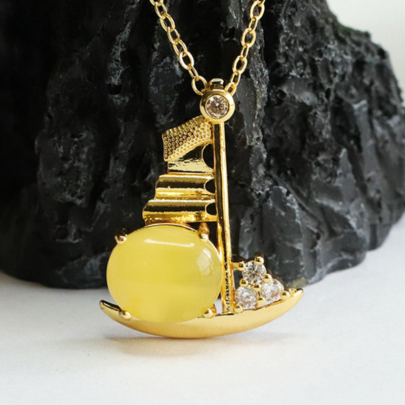 Golden Amber Beeswax Sailing Boat Pendant Necklace