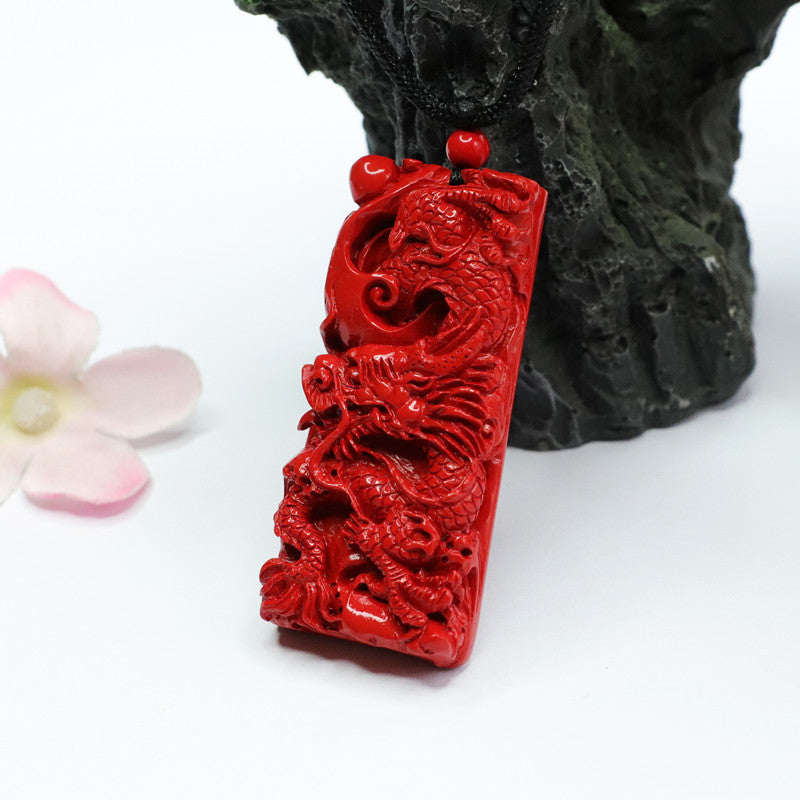 Dragon Carved Red Sand Cinnabar Sterling Silver Pendant