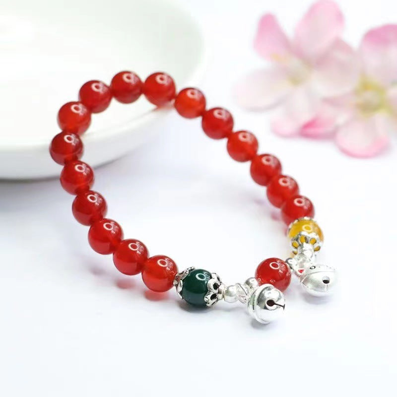 Red Agate and Chalcedony Sterling Silver Bell Bracelet